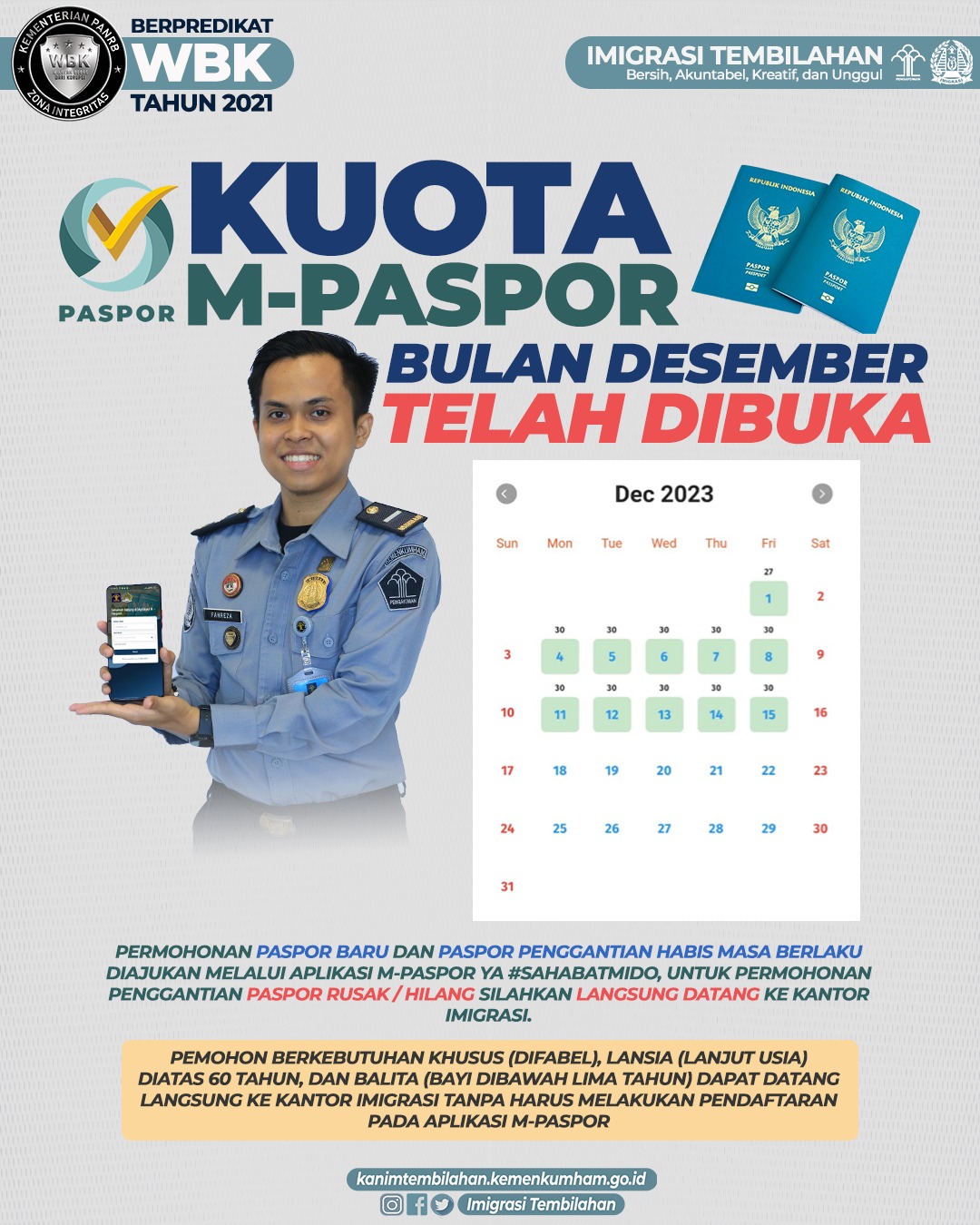 Kuota M-paspor Bulan Desember Kantor Imigrasi Kelas II TPI Tembilahan