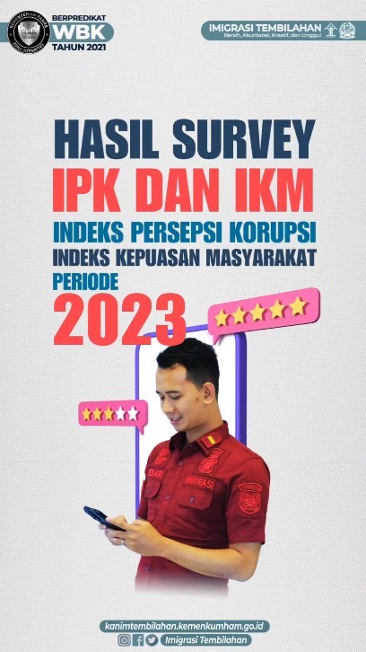 Hasil survey Indeks Persepsi Korupsi (IPK) dan Indeks Kepuasan Masyarakat (IKM) Kantor Imigrasi Kelas II TPI Tembilahan periode 2023 ( 1 Januari 2023 - 22 Desember 2023)