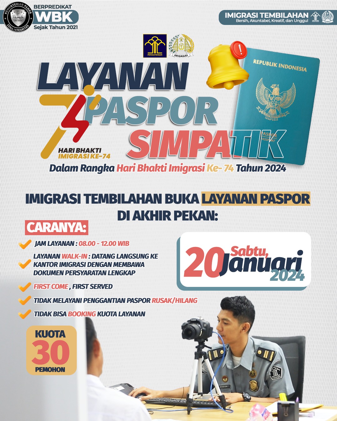 Pengumuman Pelayanan Paspor Simpatik Imigrasi Tembilahan Sabtu 20 Januari 2024